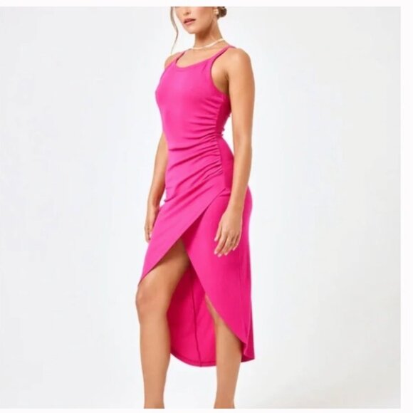 L*Space Hot Pink Sleeveless Wrap Ribbed T-Shirt Maxi Bardot Dress Size XL NWT - Picture 1 of 12